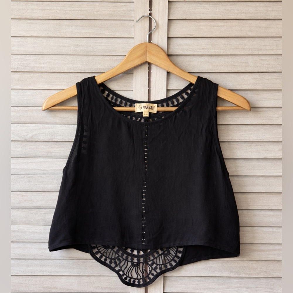 Wayan Black Lace Back Crop Top One Size Sleeveless Boho Festival Layering Top